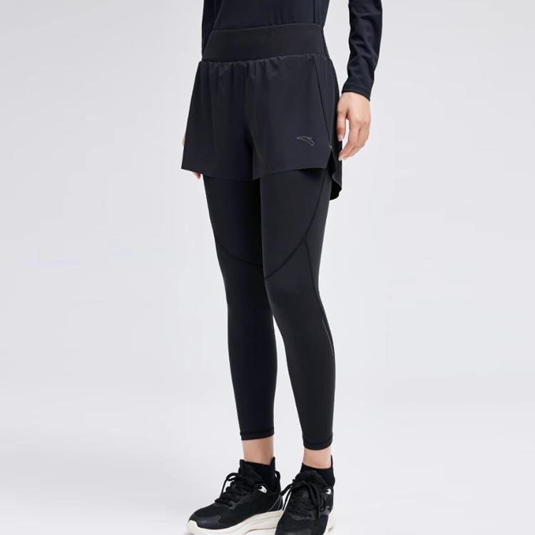 Anta Running Series Color Block Logo Breathable Casual Fake Two-Piece Sports Long Pants Women Bottoms Black 962335301-2