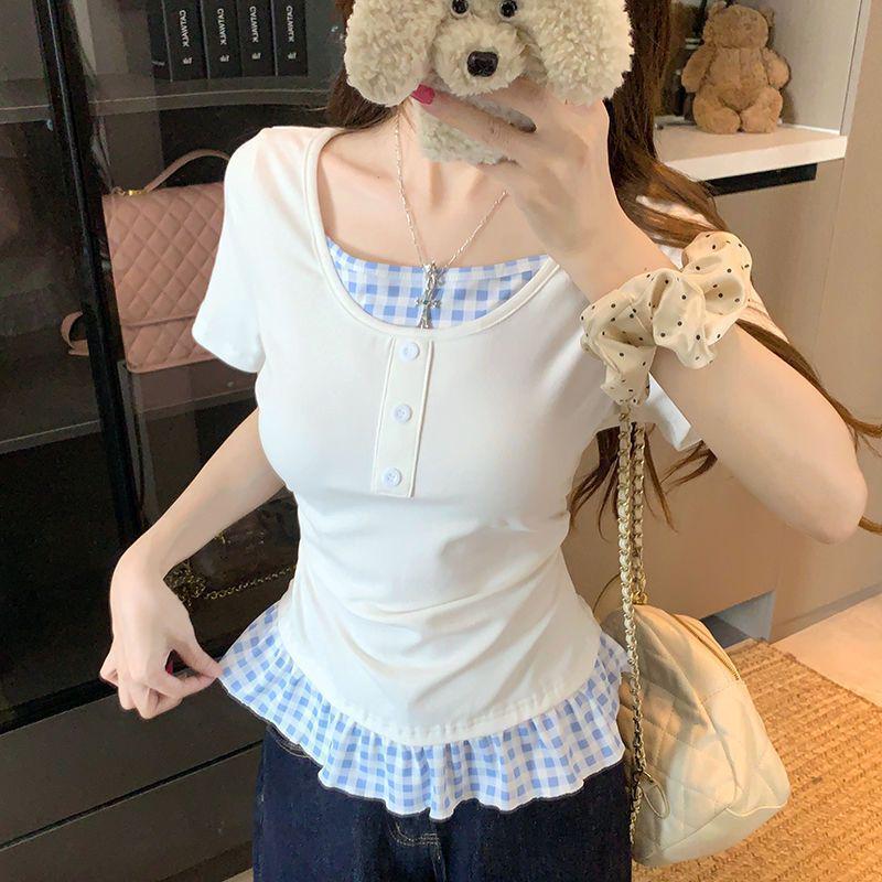 Women's Plus Size Summer Patchwork Faux Two-Piece Short Sleeve T-Shirt - Slimming Loose Fit