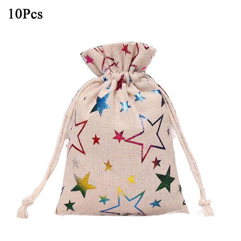 10Pcs Linen Christmas Candy Cotton Bag Hot Gold Santa Claus Christmas Bronzing Gift Bag Printing Drawstring Christmas Gift Bag