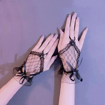 Guantes negros cortos góticos para mujer, guantes de encaje Harajuku para novia, boda, Halloween, vestido de Lolita, guantes de red con lazo de gasa y manga de mano