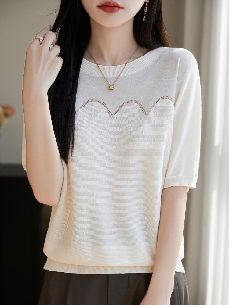 2025 Summer Round Neck Knit Short Sleeve Women's Slimming Casual Top