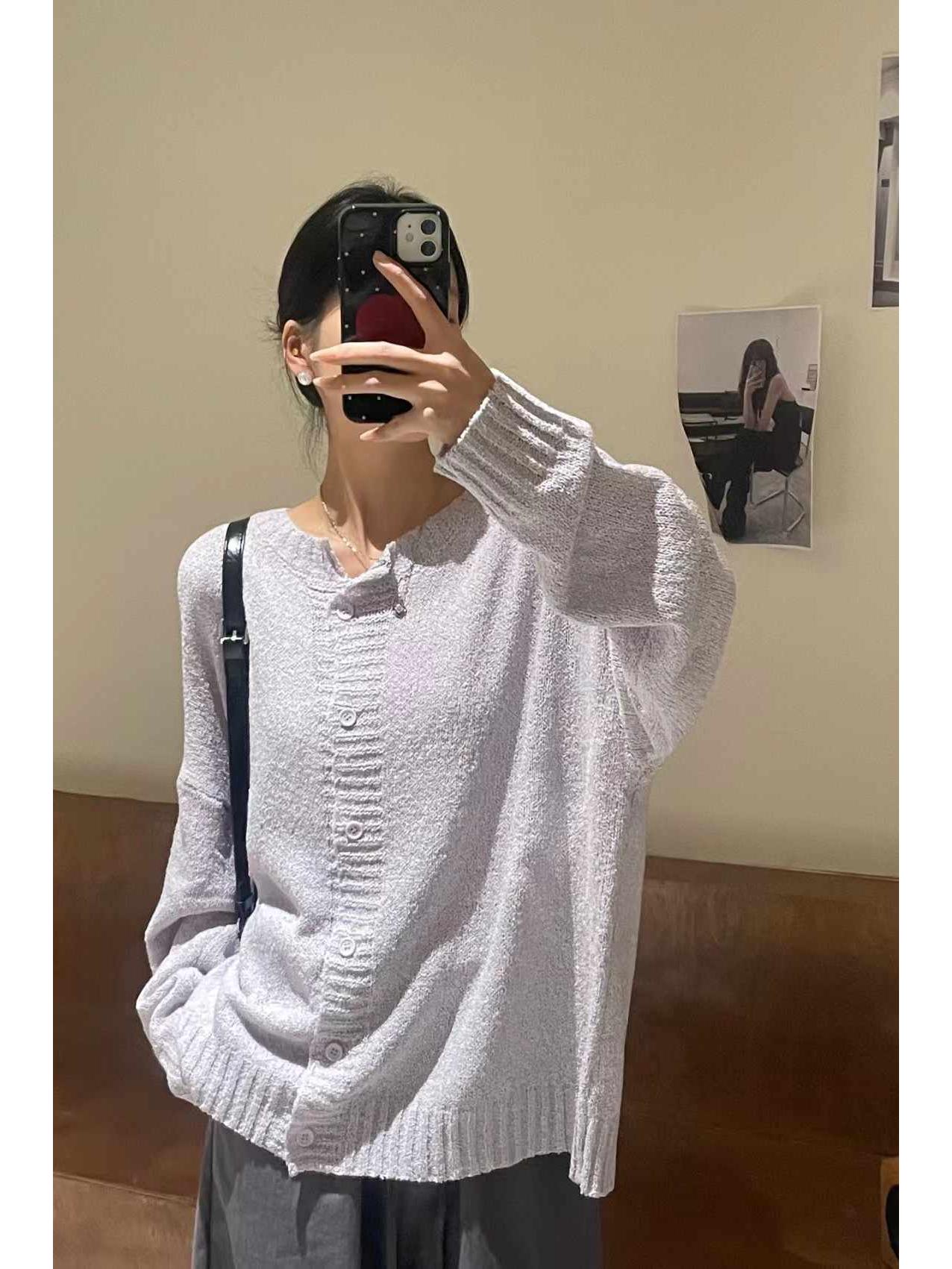 

Женский кардиган крупной вязки свободного кроя - Корейский стиль, Весна, Размер 7, Повседневная и свободная посадка One Size светло-фиолетовый