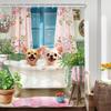 Kids Funny Dog Shower Curtain Cute Hilarious Animals Puppy Wooden Window Floral Flowers Bubbles Leaves Plant Botanical Fabric