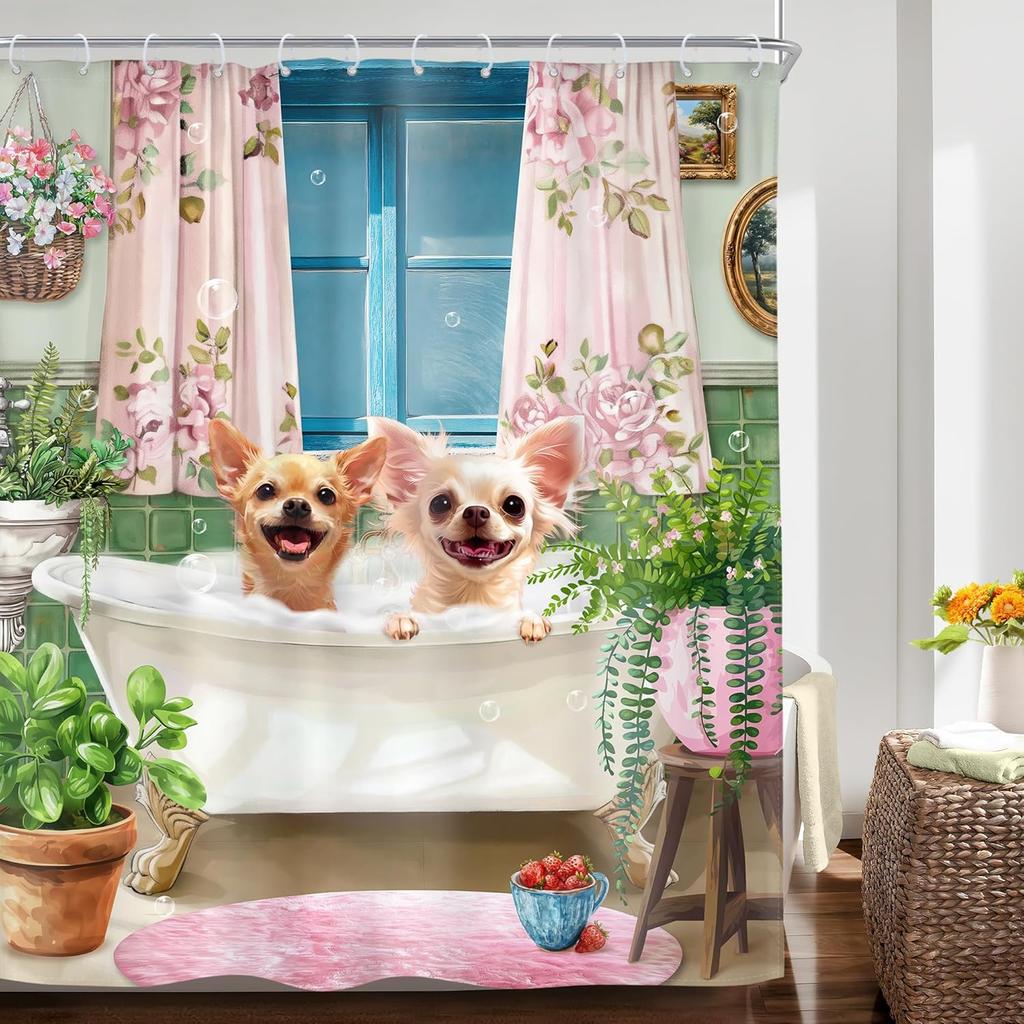 Kids Funny Dog Shower Curtain Cute Hilarious Animals Puppy Wooden Window Floral Flowers Bubbles Leaves Plant Botanical Fabric
