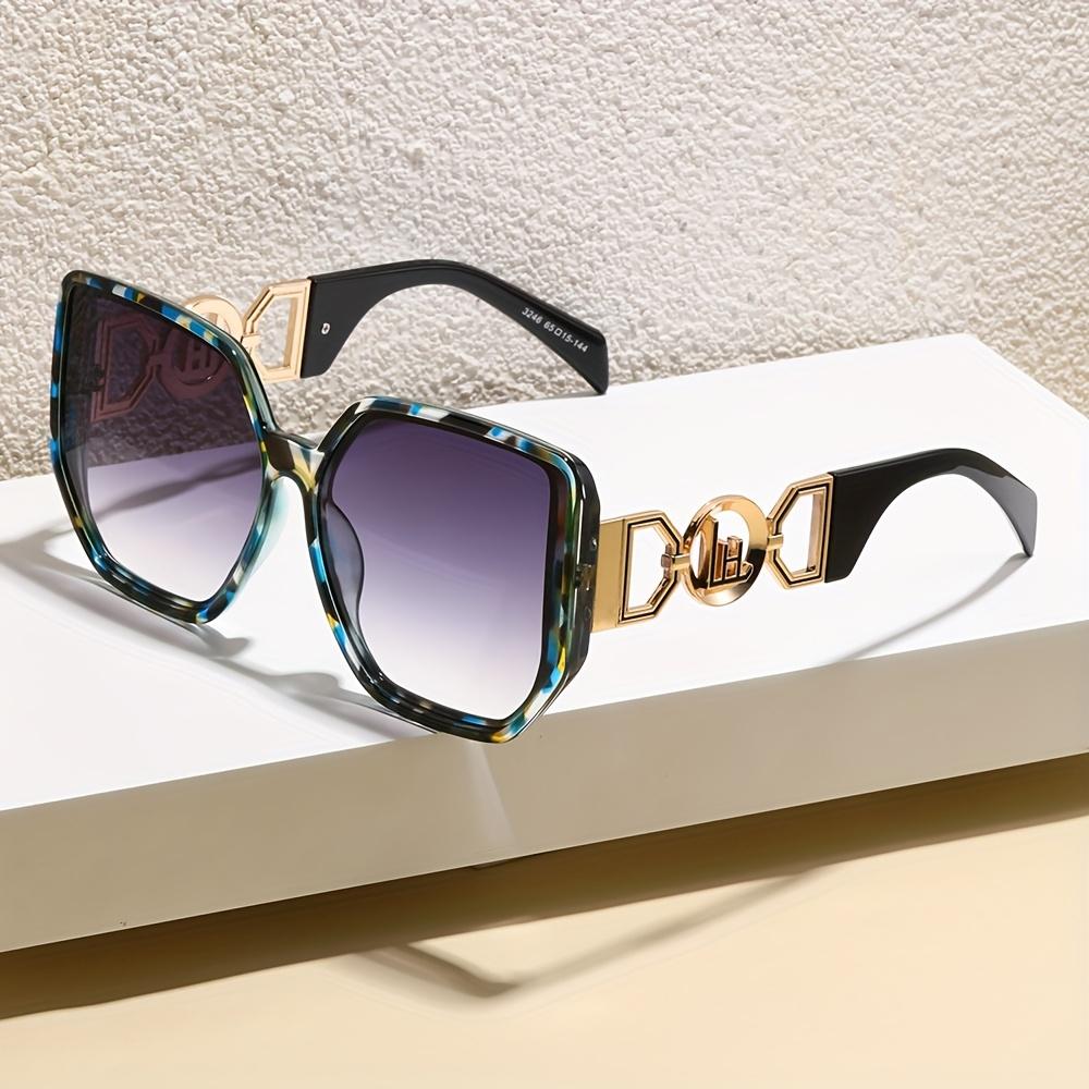 

Women S Oversized Square Fashion Glasses With Blue-Green Gradient Pc Lens - Large Round Metal Frame - Stylish