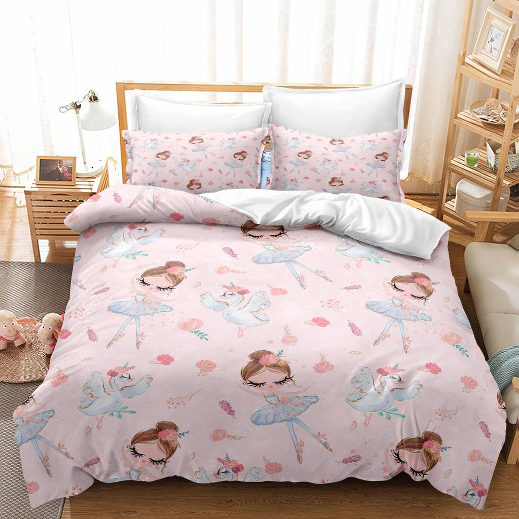 Cartoon Duvet Cover Twin King Kawaii Swan Ballerina Girl Bedding Set Microfiber Cute Dancer Comforter Cover Ballerina Room Decor