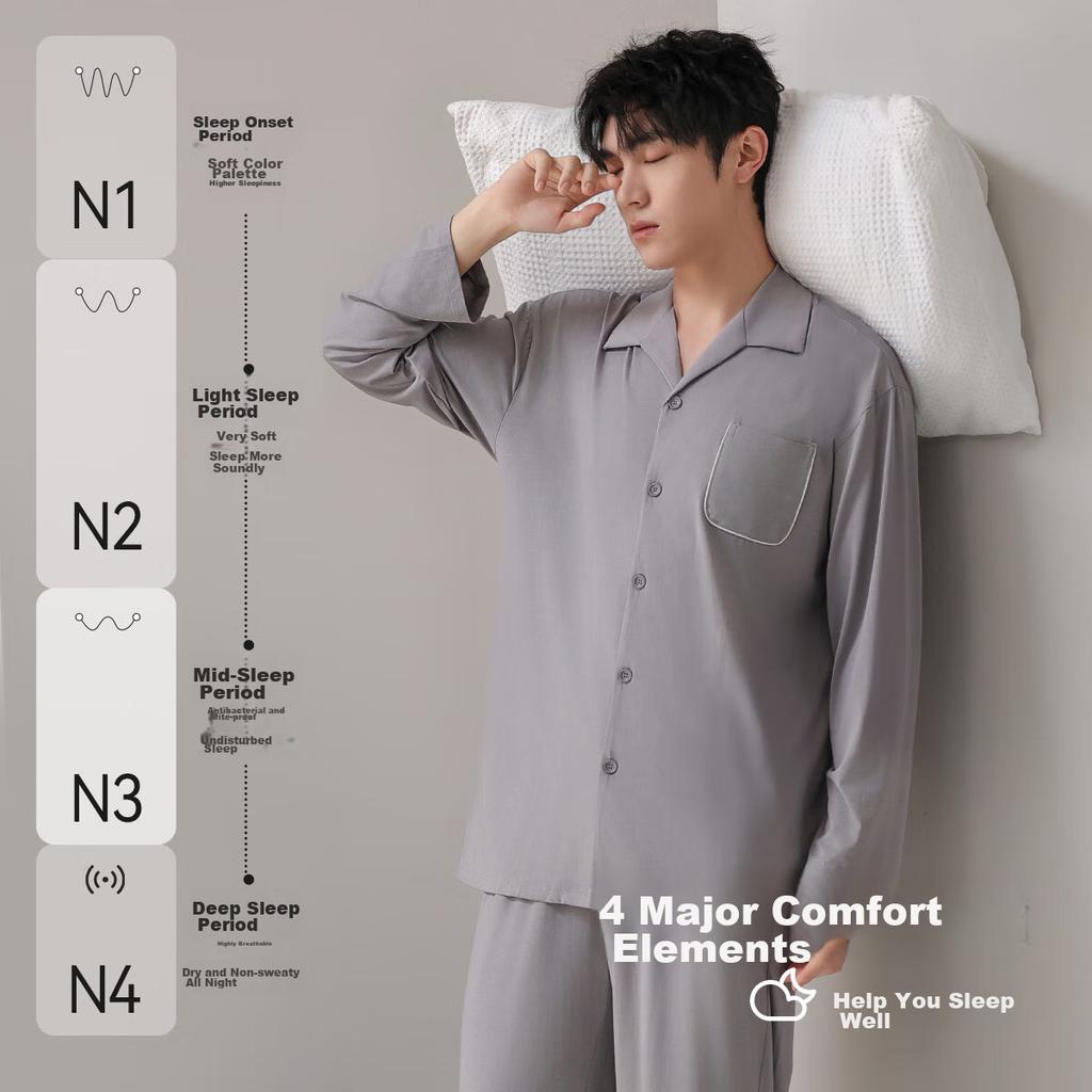 MiiOW Men's Pajamas for Spring And Autumn, Modal Cotton Long-Sleeve Air Conditioning Sleepwear, Antibacterial And Anti-Mite, New Product for 25 Years