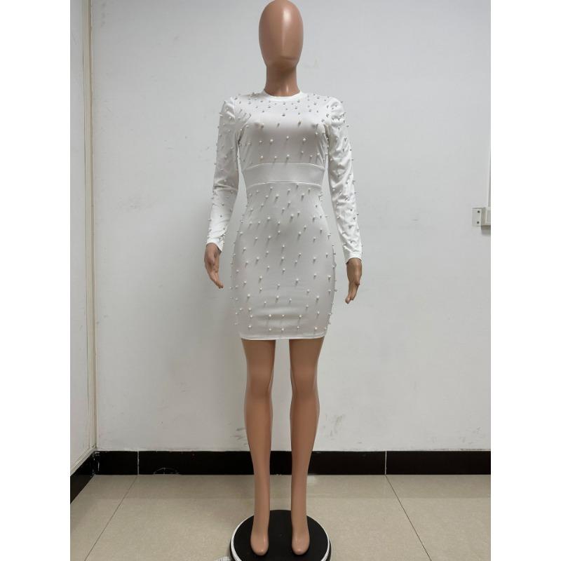 Women's Long-sleeved Slim Short Dress Outside The Senior Sense of Light Luxury Round Neck Nail Bead Bag Buttock Dress