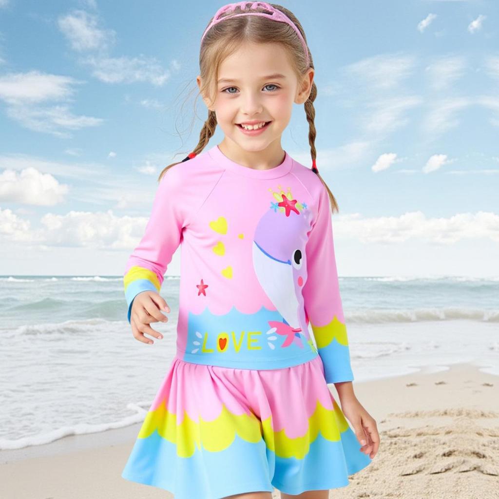 Girls' 2025 Long-Sleeved Cartoon Dolphin Swimsuit with Short Skirt