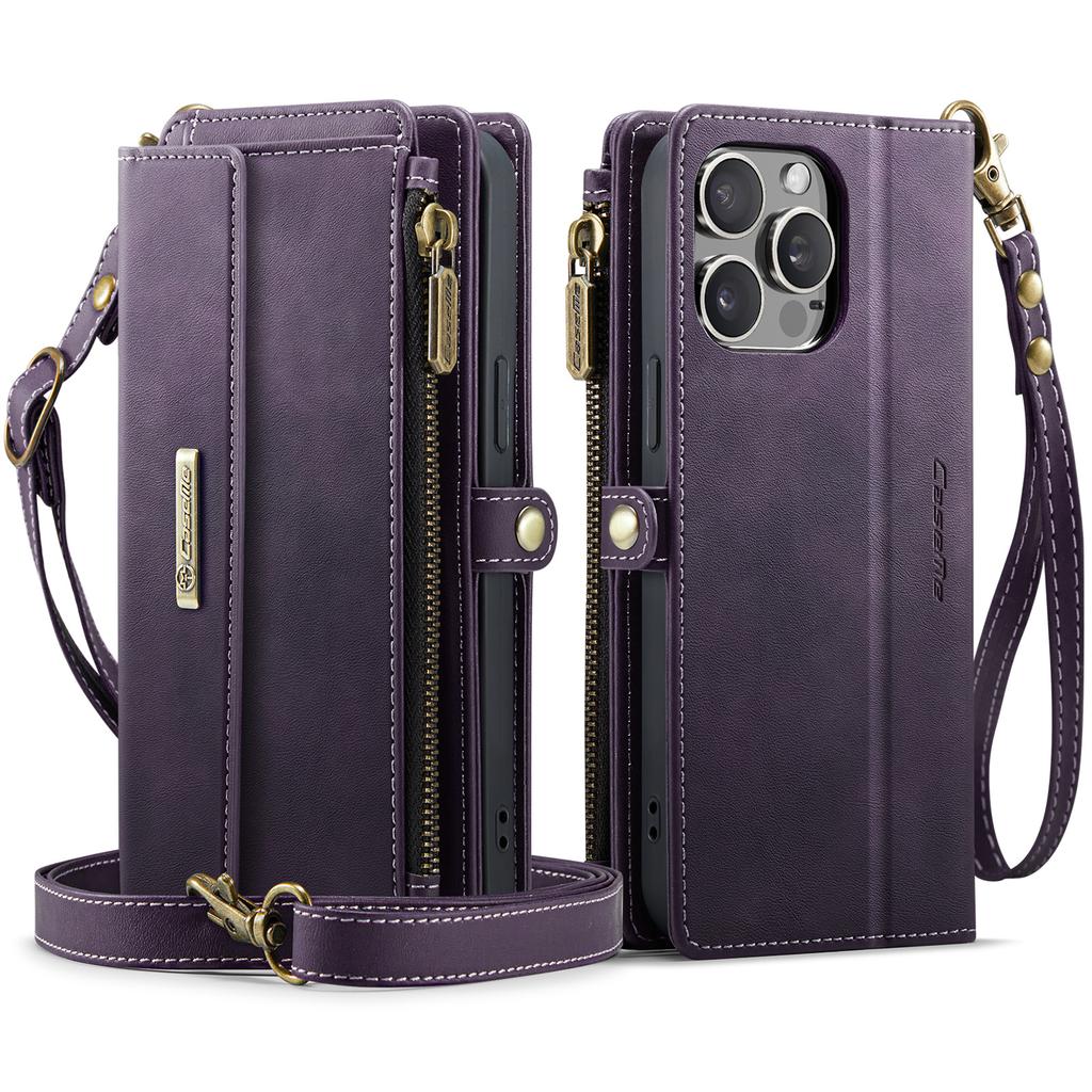 For iPhone 14 Pro Max Case CASEME C39 RFID Blocking Zipper Wallet Stand Leather Cover with Strap