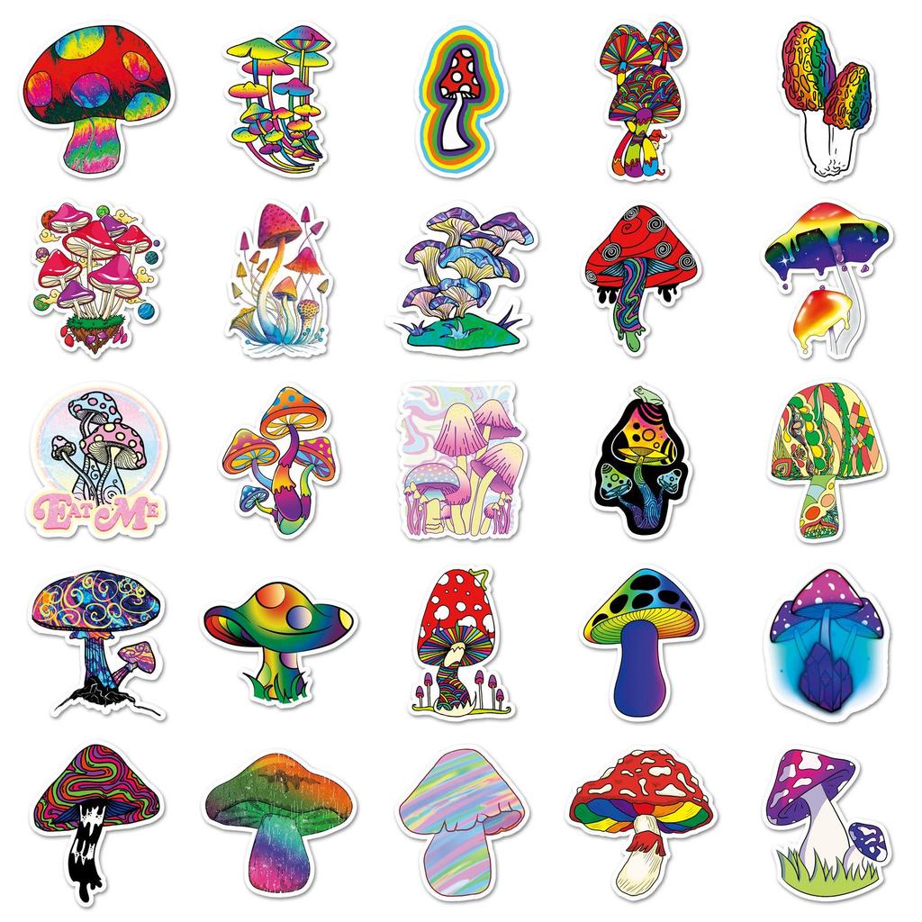 50PCS Colorful Mushroom Cartoon Stickers—Waterproof, Ideal for Suitcase, Scooter, Computer, Tablet, Water Bottle Decoration