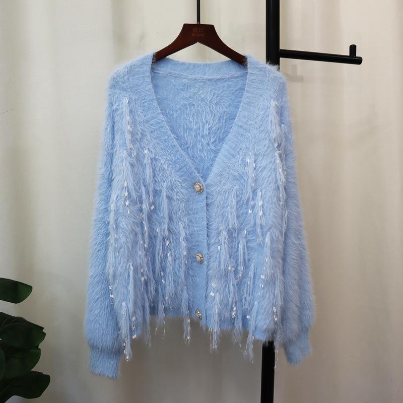 Quastendesign Imitation Nerz Samt Strickjacke Herbst und Winter neu weich wachsig locker süße Pulloverjacke Damen