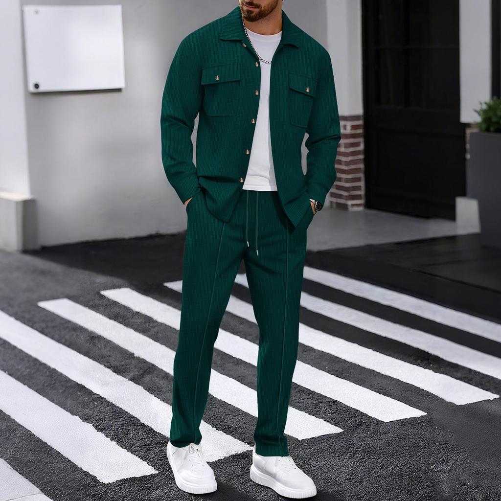 Men's Casual Long Sleeve Pants Two Piece Set Solid Color Double Pocket Workwear Cardigan Shirt Set