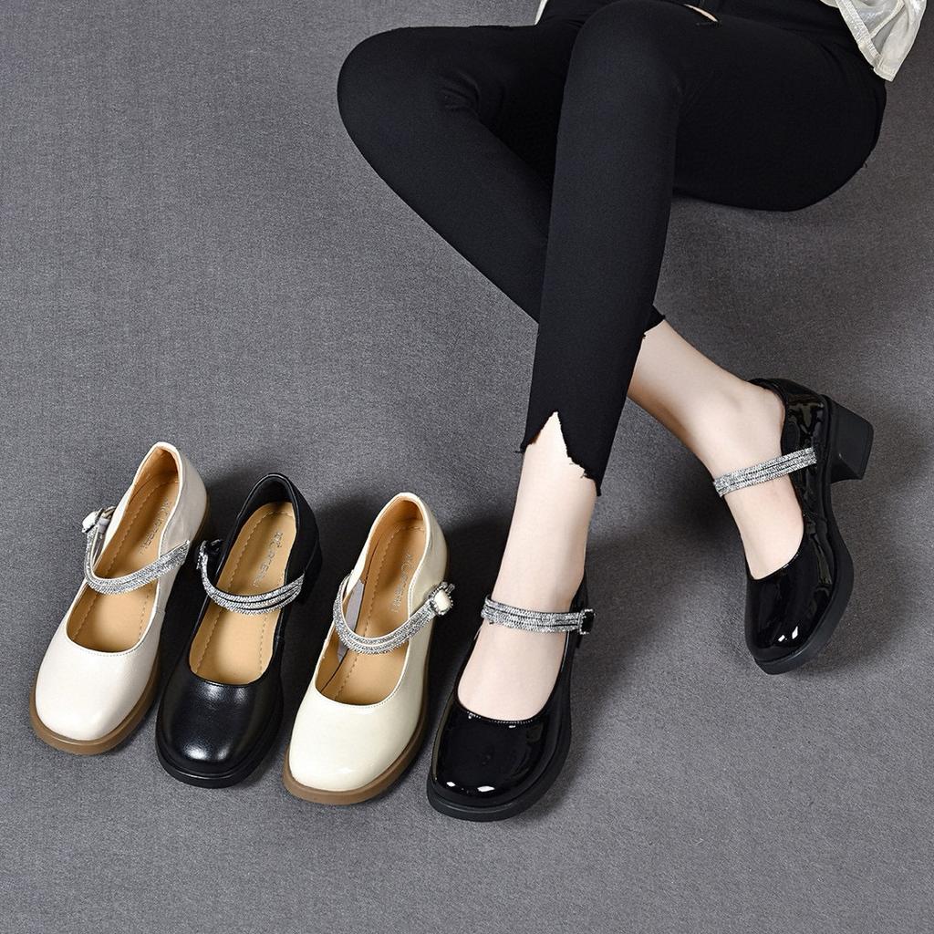 Round head one-word buckle small leather shoes women's 2025 British college style thick heel rhinestone Mary Jane shoes cowhide women's high heels
