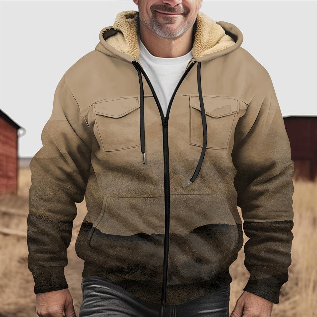 Fleecegenser med hette og hette med glidelås for menn med lapplomme Uformell jakke