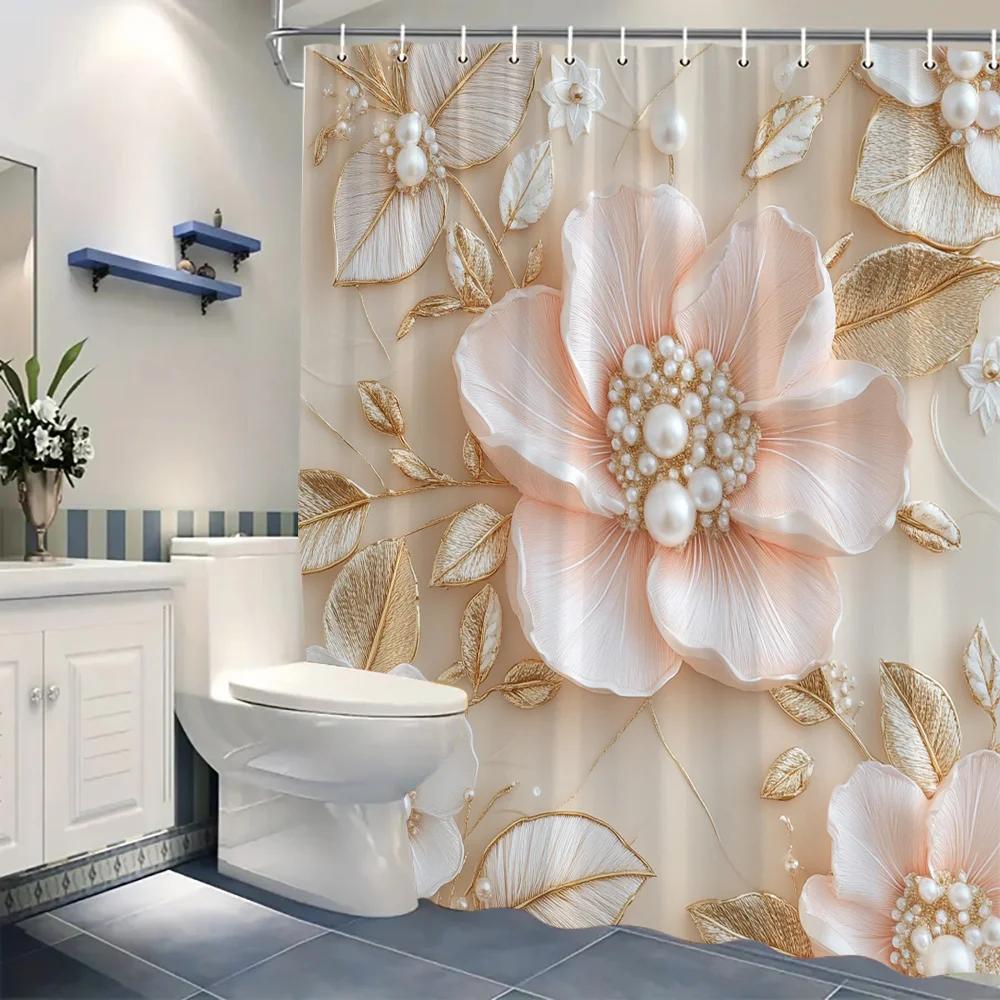 Elegant Pale Pink Flower & Pearl Shower Curtain, Golden Leaves, Luxurious Floral Design,Soft Beige Gradient Background,Polyester
