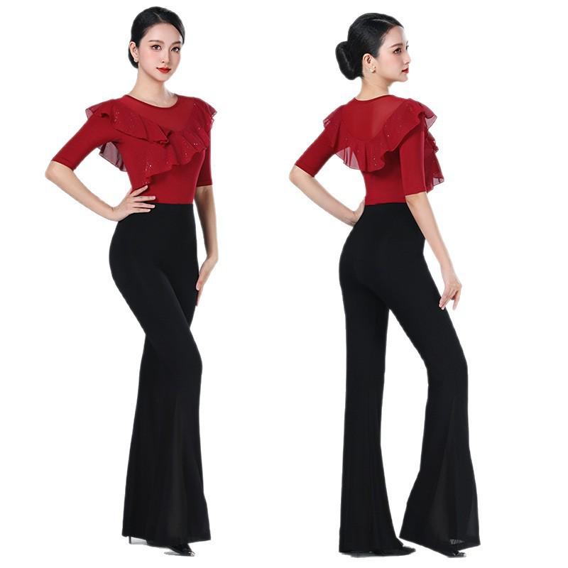 Womens Latin Dance Performance Outfit Set Modals Sequin Top Flared Pants Stage Practice
