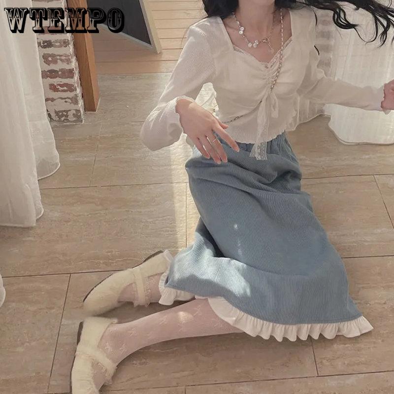 White Kawaii Lolita Female Blouse Lace Japanese Sweet Long Slevee Tops Women Knitted Casual Korean Casual Slim Tops