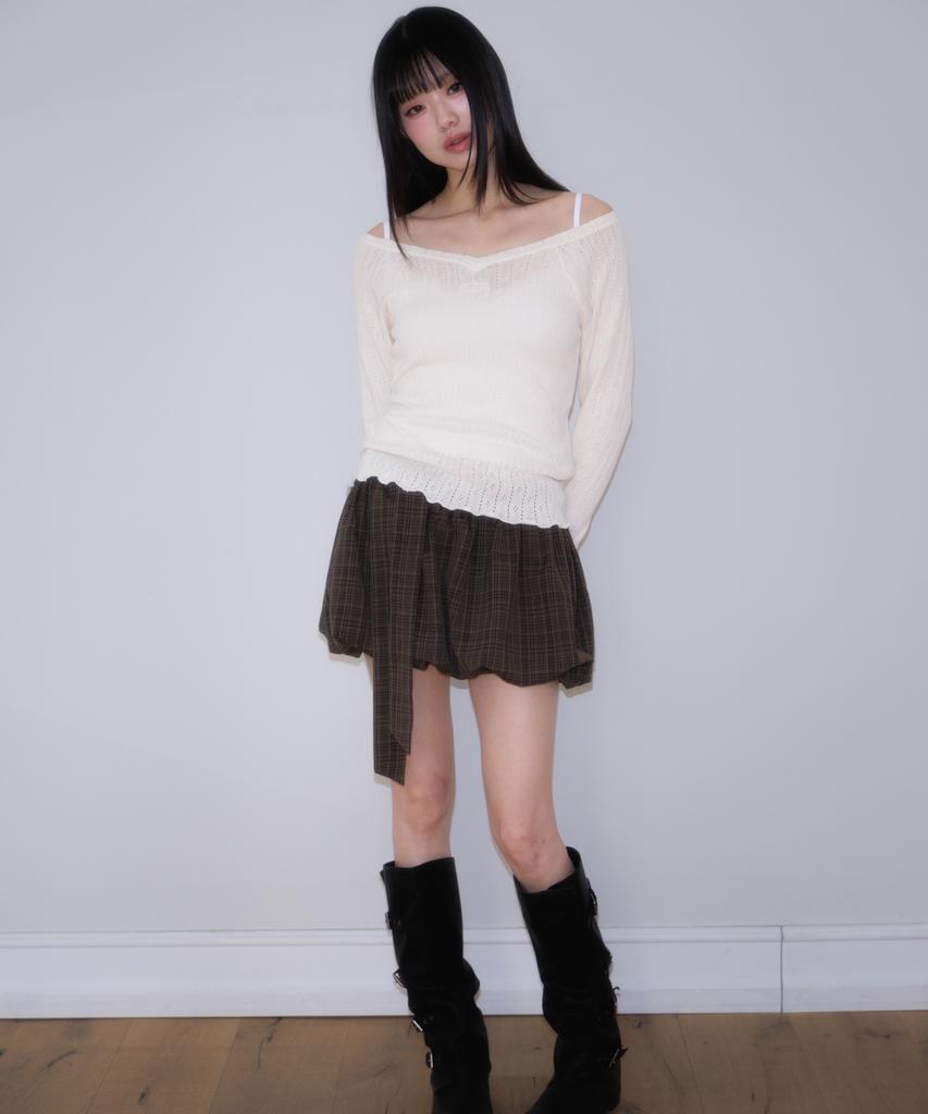 ROSEFRANTZ Balloon Check Belted Miniskirt [Brown]