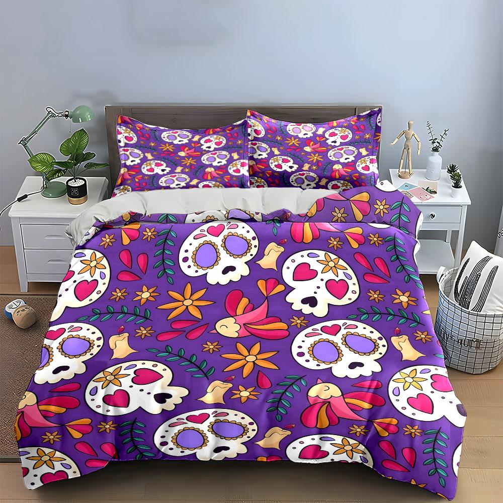 "Purple Skull Floral Bedding Set" Bedding Duvet Cover Set Duvet Cover Pillowcases (1 * Duvet Cover 2 * Pillowcases, Without Duvet Insert)