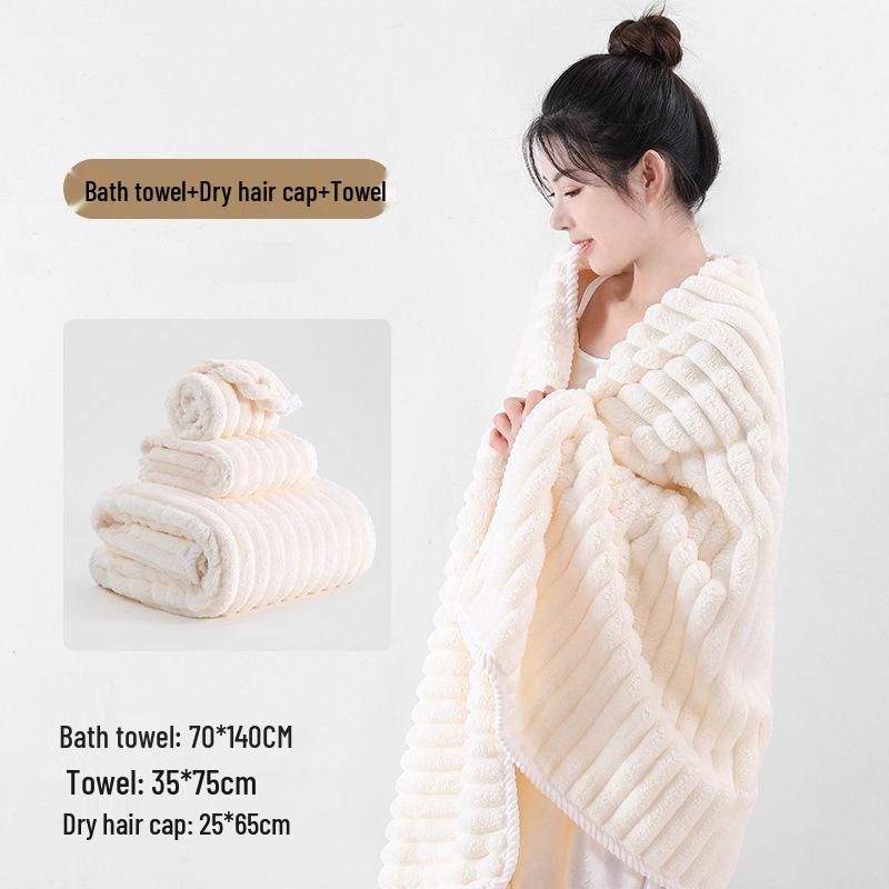 Coral Fleece Three-Piece Bath Set: Thick, Absorbent, Non-Shedding Towels with Hair Drying Cap.