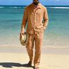 Men's Linen Long-Sleeve Lapel Shirt & Straight-Leg Pants Set for Casual Spring/Autumn Beachwear