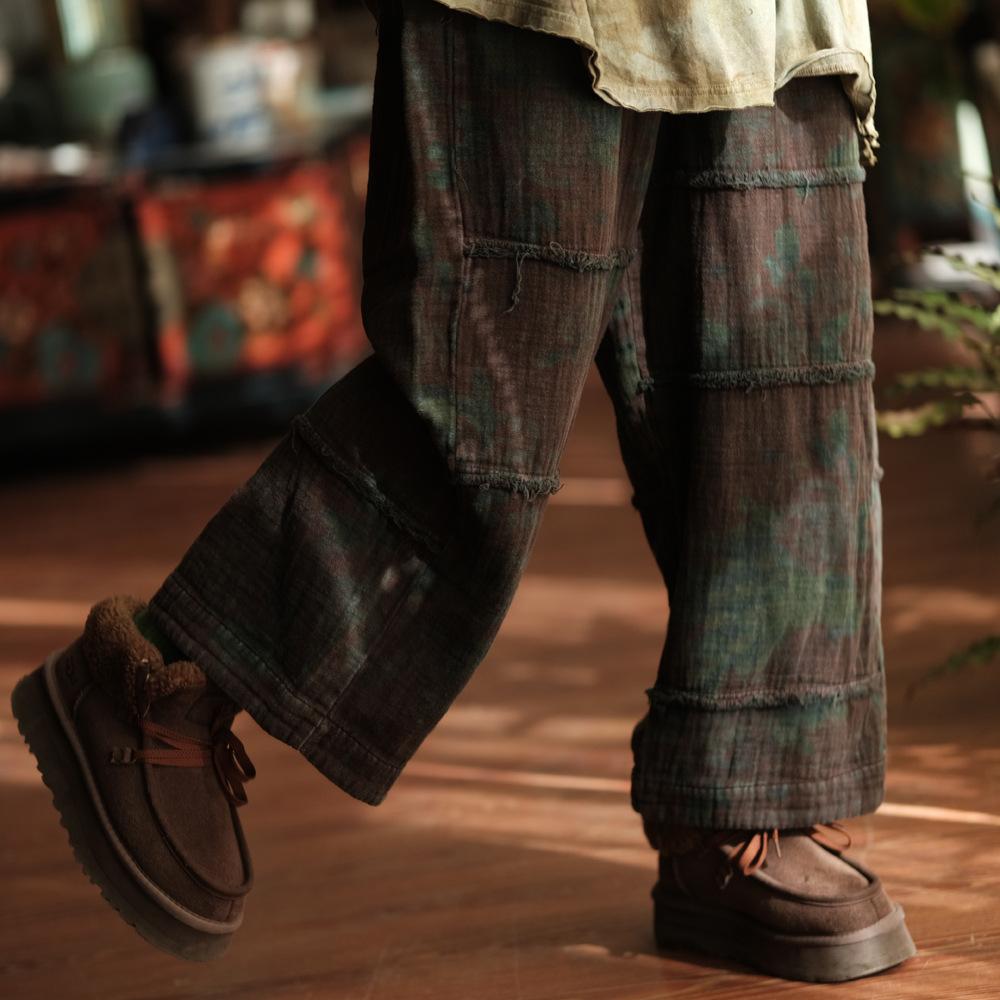 Johnature Vintage Damskie Spodnie z Szerokimi Nogawkami Elastyczny Pas Luźne Spodnie Patchworkowe Jesienny Nadruk Kwiatowy Długie Spodnie