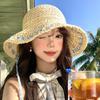Women'S Floral Tied Woven Straw Hat Large Brim Sun Protection Beach Vacation Style Fisherman'S Cap Summer Accessory