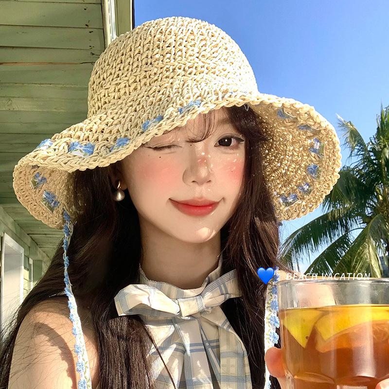 Women'S Floral Tied Woven Straw Hat Large Brim Sun Protection Beach Vacation Style Fisherman'S Cap Summer Accessory