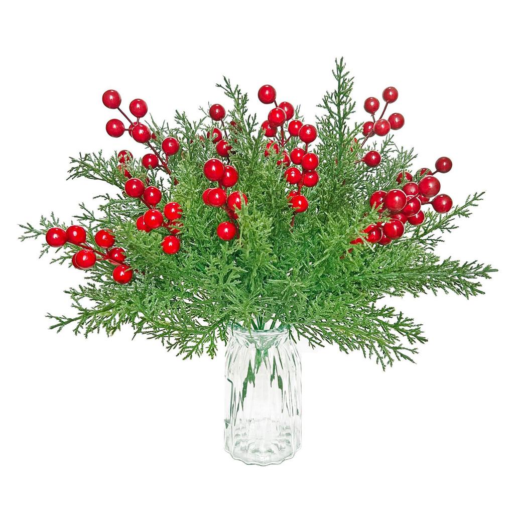 Artificial Christmas Flowers With Red Berry Stems, Fake Norfolk Garland Branches For Winter Decor, Faux Christmas Garland Tree Picks And DIY Crafts