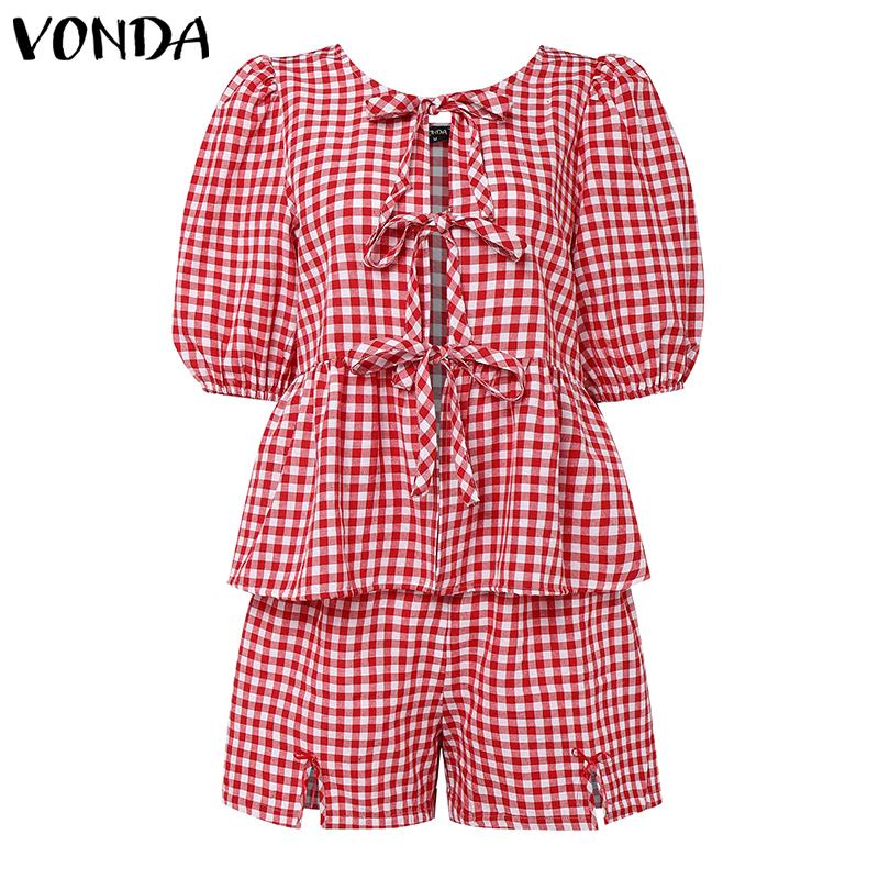 

VONDA Women Sets Short Sleeve Bow Knot Plaid Tops and Elastic Waist Shorts Outfits S червоний