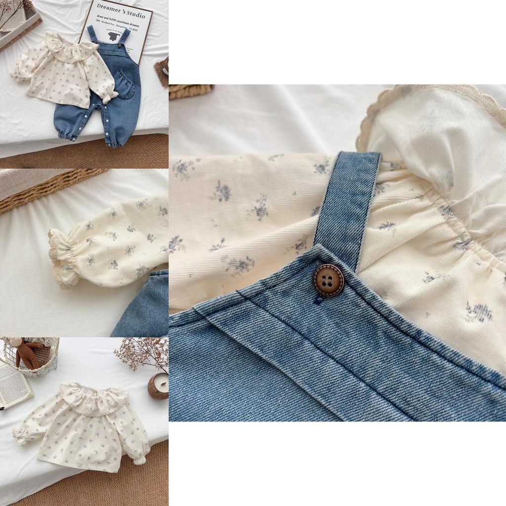 Baby Girl Spring Fall Denim Overalls Set With Cotton Fabric For Toddler Girls