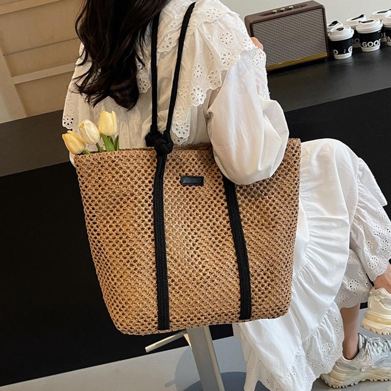 Summer Woven Straw Tote Bag Casual Beach Vacati Women Shoulder Bags Large Capacity Female Handbags Solid Color