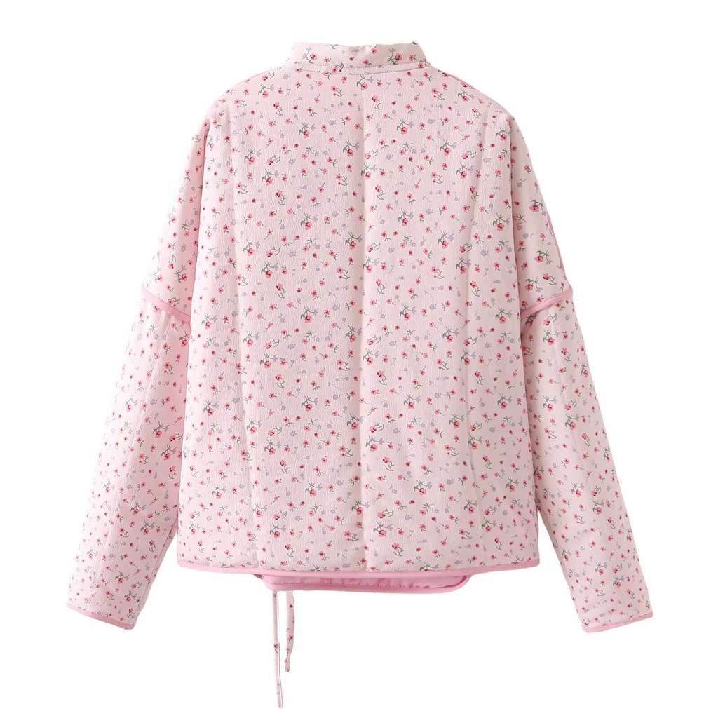 2026 Fashion Pink Sweet Women's Clothing Floral Strap Cotton Coat V-neck Cotton Jacket