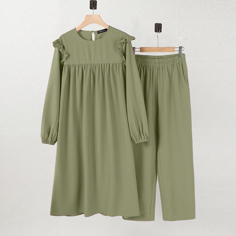 ZANZEA Dame lang bluse og bukser Retro Casual todelt sett