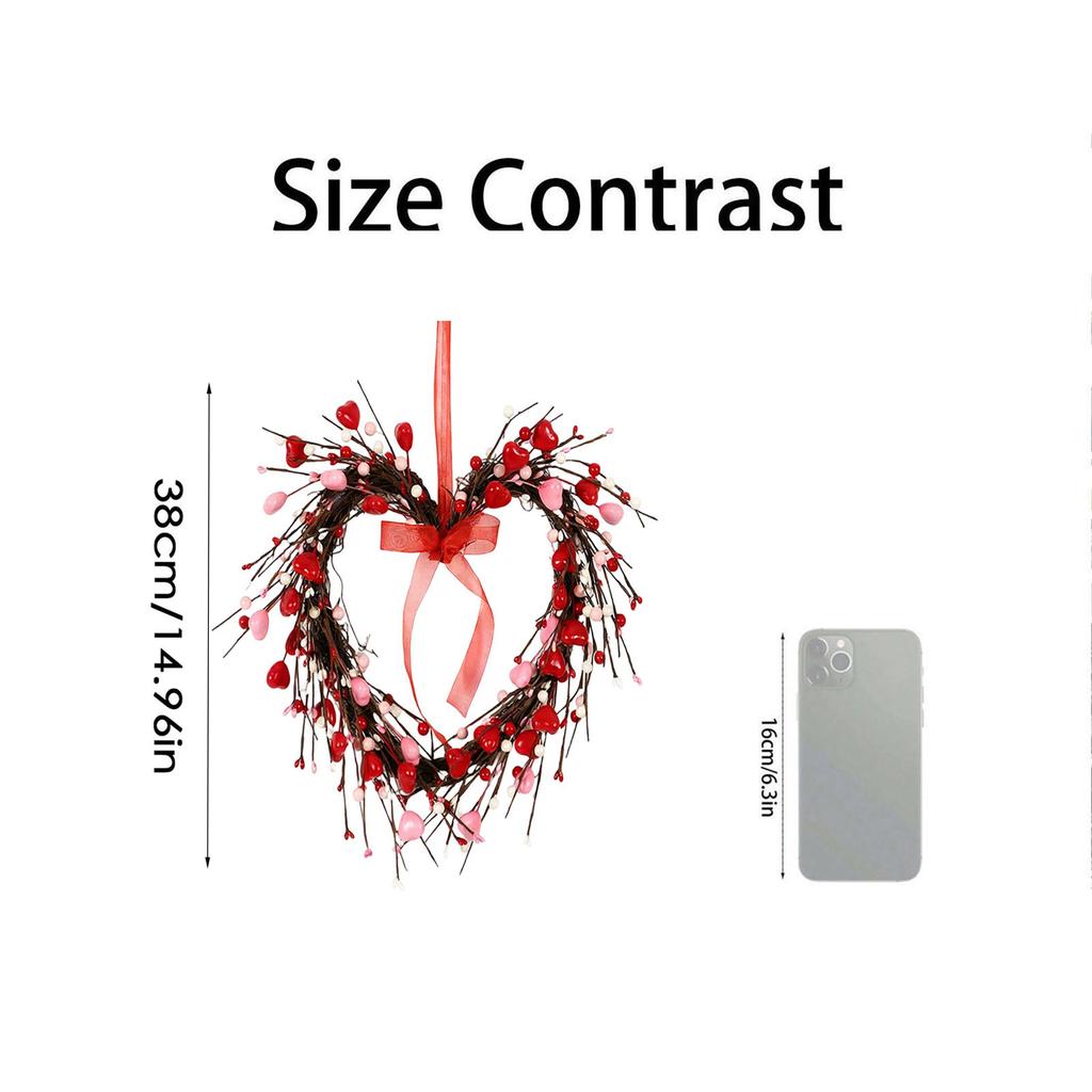 38cm Realistic Heart-shaped Floral Wreath, Valentine's Day Ribbon Pendant, Wedding Wreath Decoration.