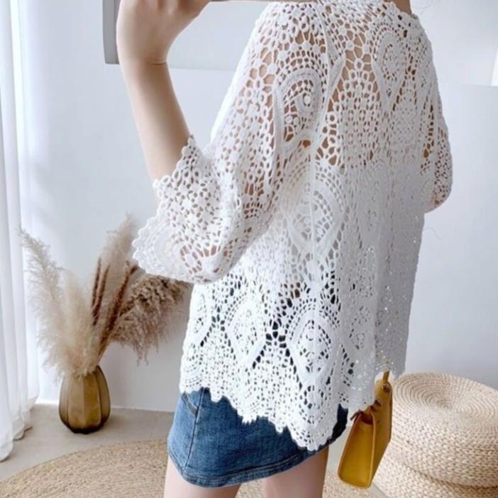 Summer Shawl Cardigan womenThin Hollow Knit Coat Short Blouse Sunscreen Shirt