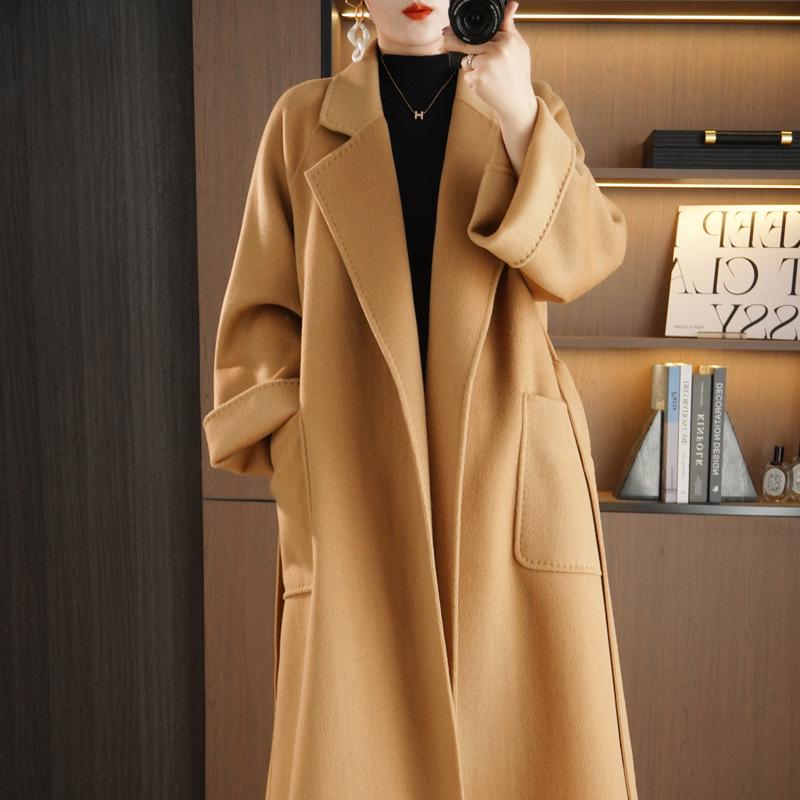 Women's Extra Long Double-Sided 100% Wool Coat with Belt for Autumn and Winter