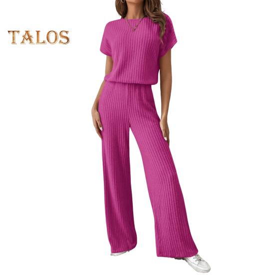 

Женский комплект из двух частей, трикотажный свитер с коротким рукавом, топ с широкими штанинами, комплекты для отдыха, повседневный трикотажный наряд в рубчик для весны и осени XXL розы красного