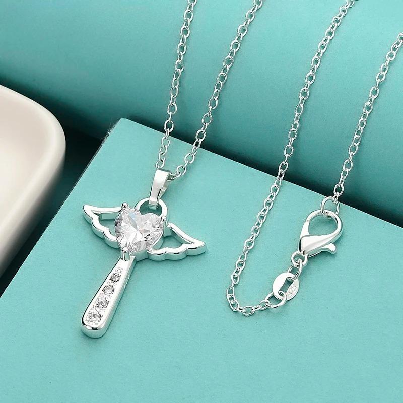 Luxury 925 Sterling Silver Angel Fine Crystal Cross Pendants Necklace for Women Fashion Wedding Jewelry Christmas Gifts