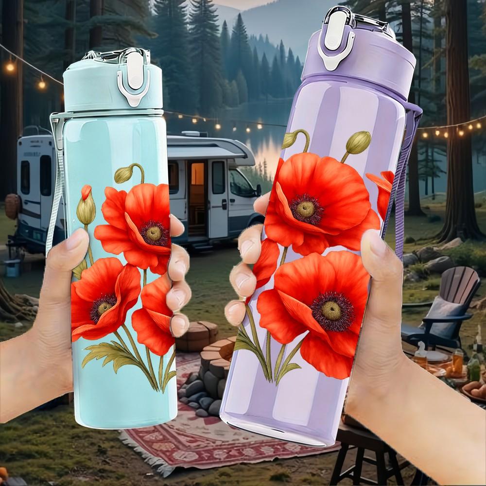 1PC Red Poppy Floral Bouquet Art 750ml Color Plastic Sports Water Bottle Leakproof Flip Straw Lid Suitable for Sports Office Home Use