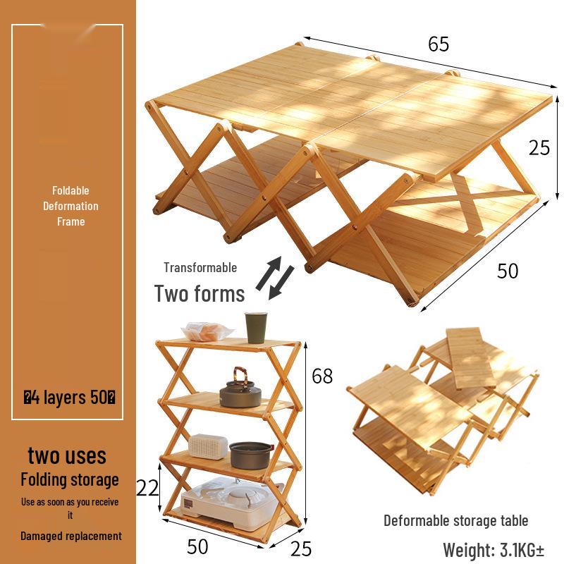 Multi-Layer Bamboo & Wood Folding Storage Rack for Outdoor Camping & Picnics