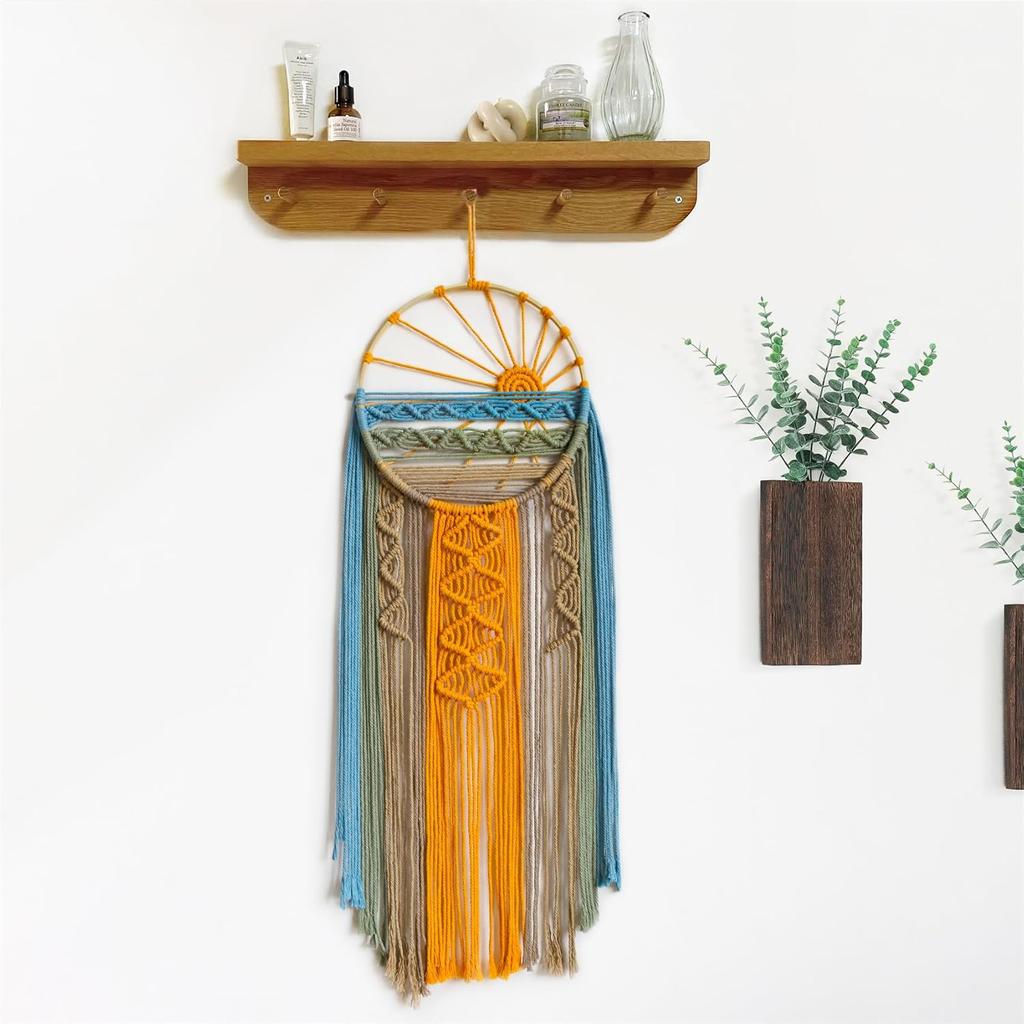 LB Macrame Wall Hanging Boho Macrame Wall Decor, Sunset Wall Art Dream Catcher Hand Woven Wall Art Boho Colorful Sun Tapestry for Bedroom Living Room