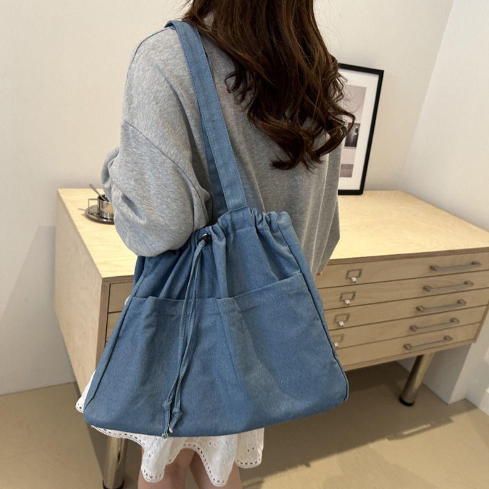 Large Capacity Denim Tote Bag Leisure Canvas Bucket Bag Oxford Drawstring Shoulder Bag Students