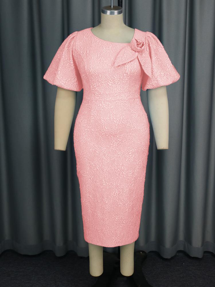 

AOMEI Elegant Women Dresses for Evening Party Mid Calf O Neck Short Puff Sleeves Empire 3D Flower Bodycon Jacquard Outfits 4XL розовый