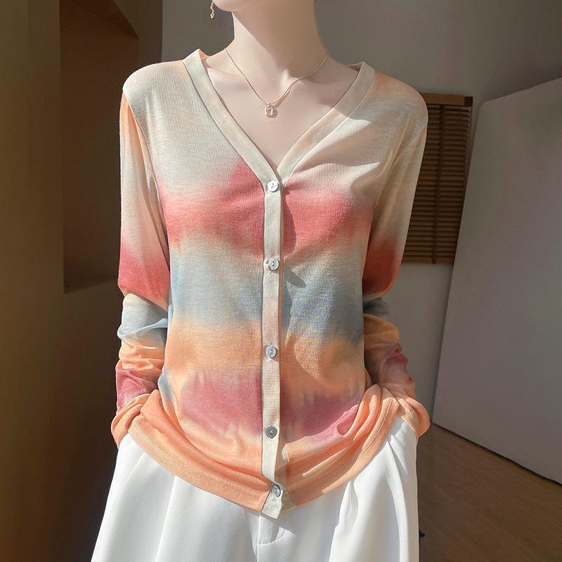 

Литературная трикотажная одежда с V-образным вырезом из тенселя и хлопка, с защитой от солнца, с длинными рукавами, верхняя одежда для женщин - Весна/Лето. Medium