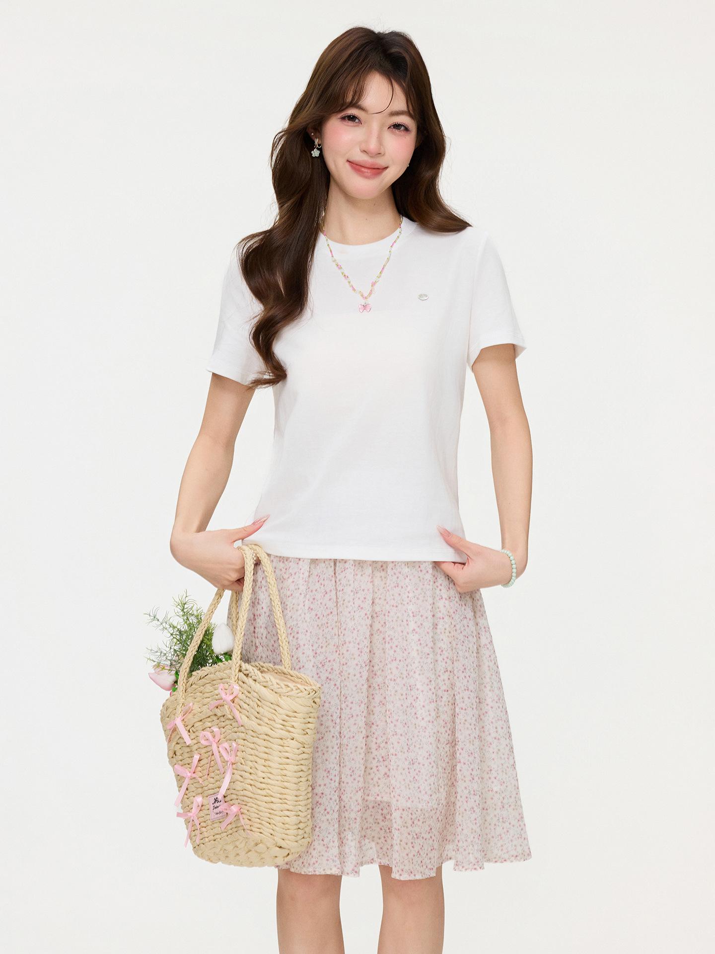 

Apricot round neck solid color short-sleeved T-shirt commuter style spring and summer new loose and thin slack shoulder top S белый