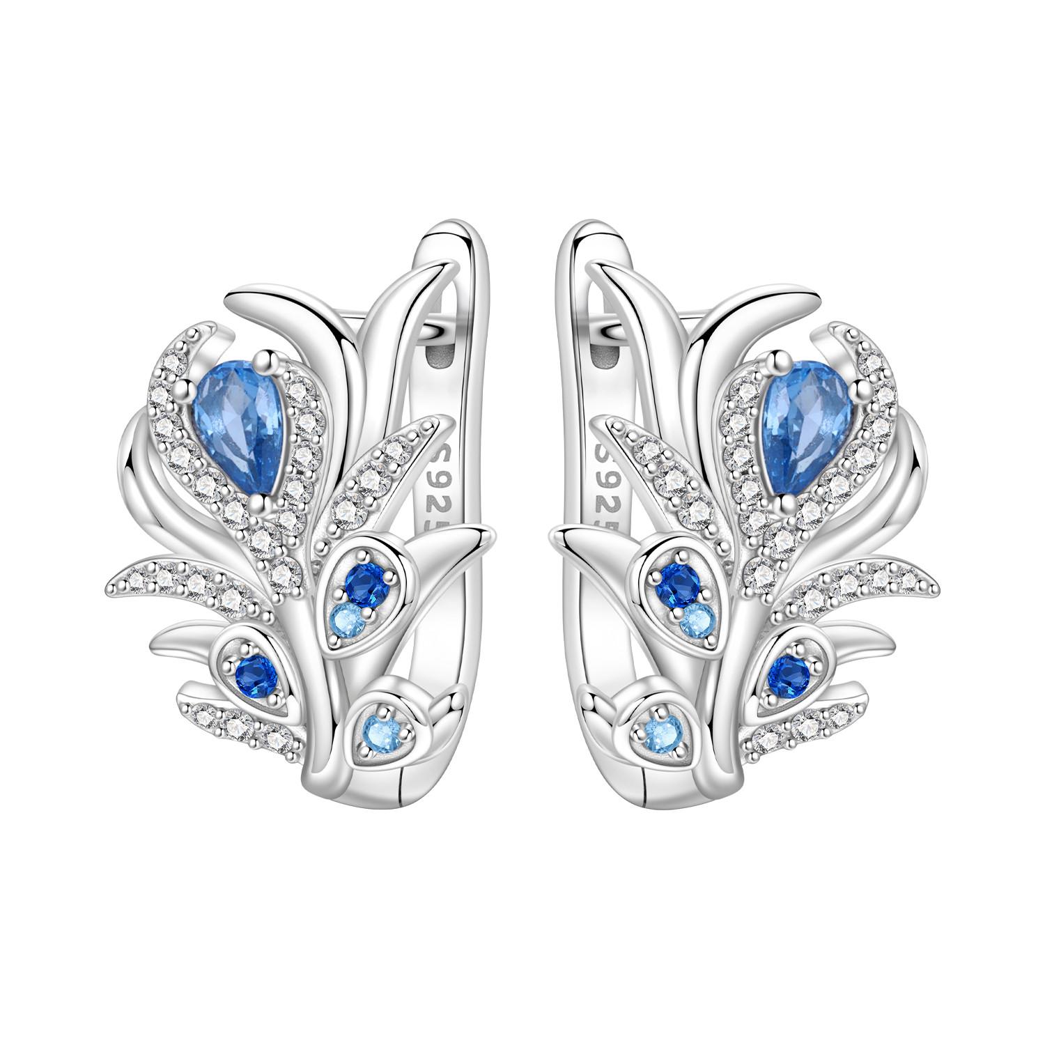 

S925 Silver Blue Zircon Feather Earrings Hoop Earrings Women Jewelry Trendy Anniversary Gifts