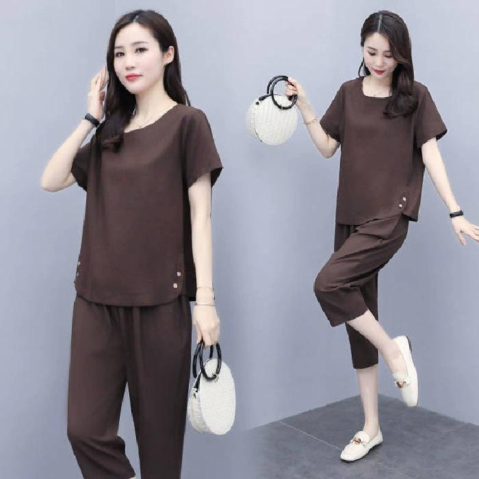

Женский летний костюм для отдыха большого размера, удобный тонкий топ с короткими рукавами + брюки Seven, однотонный, простой, из двух частей S кофейный