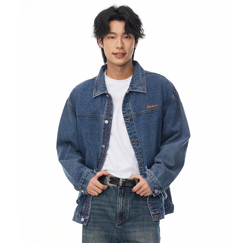 Men's American Heavyweight Raw Edge Washed Denim Jacket - Retro Workwear Style, Loose Fit